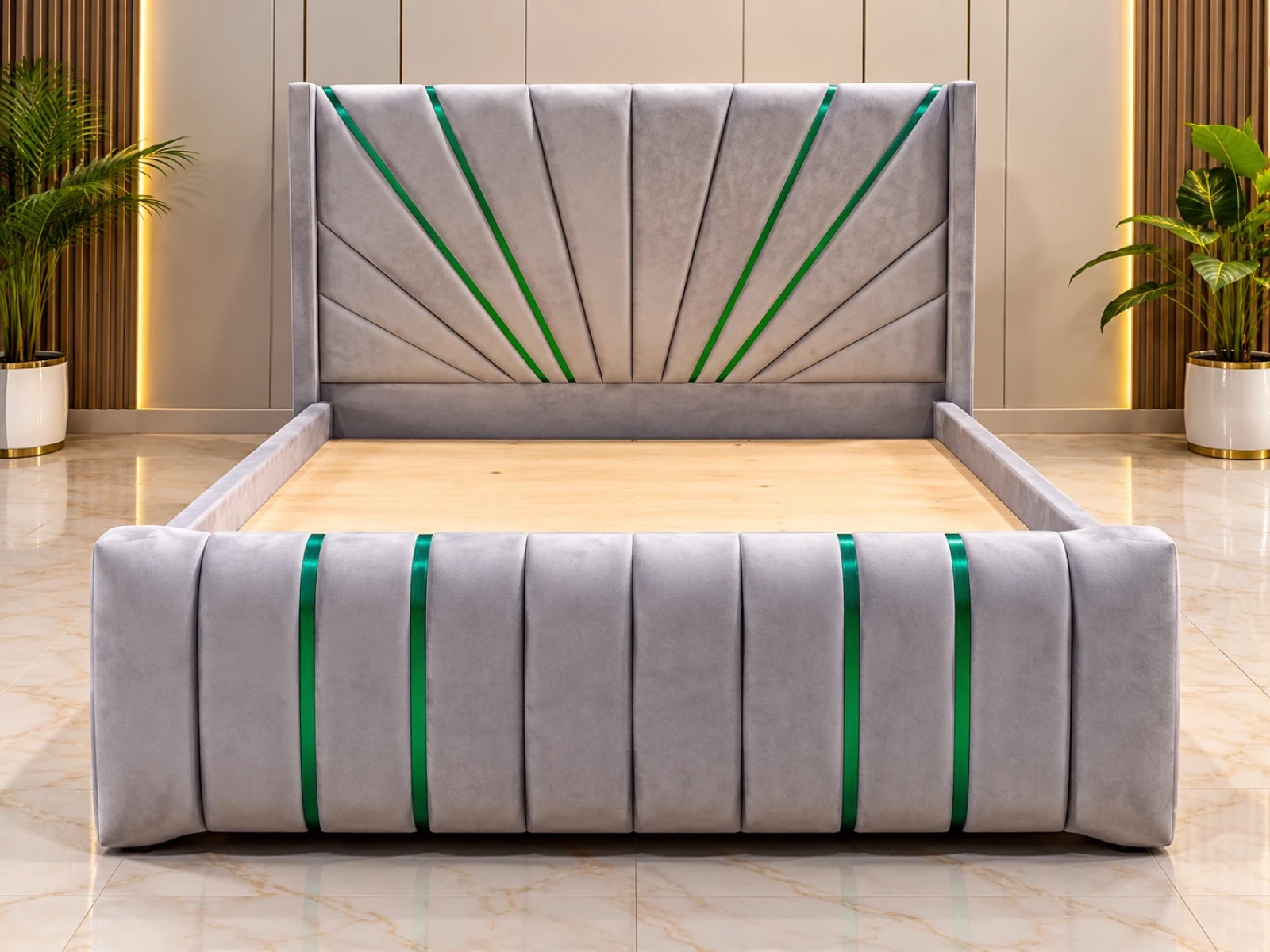 Grey upholstered bed with sunburst headboard and green trim