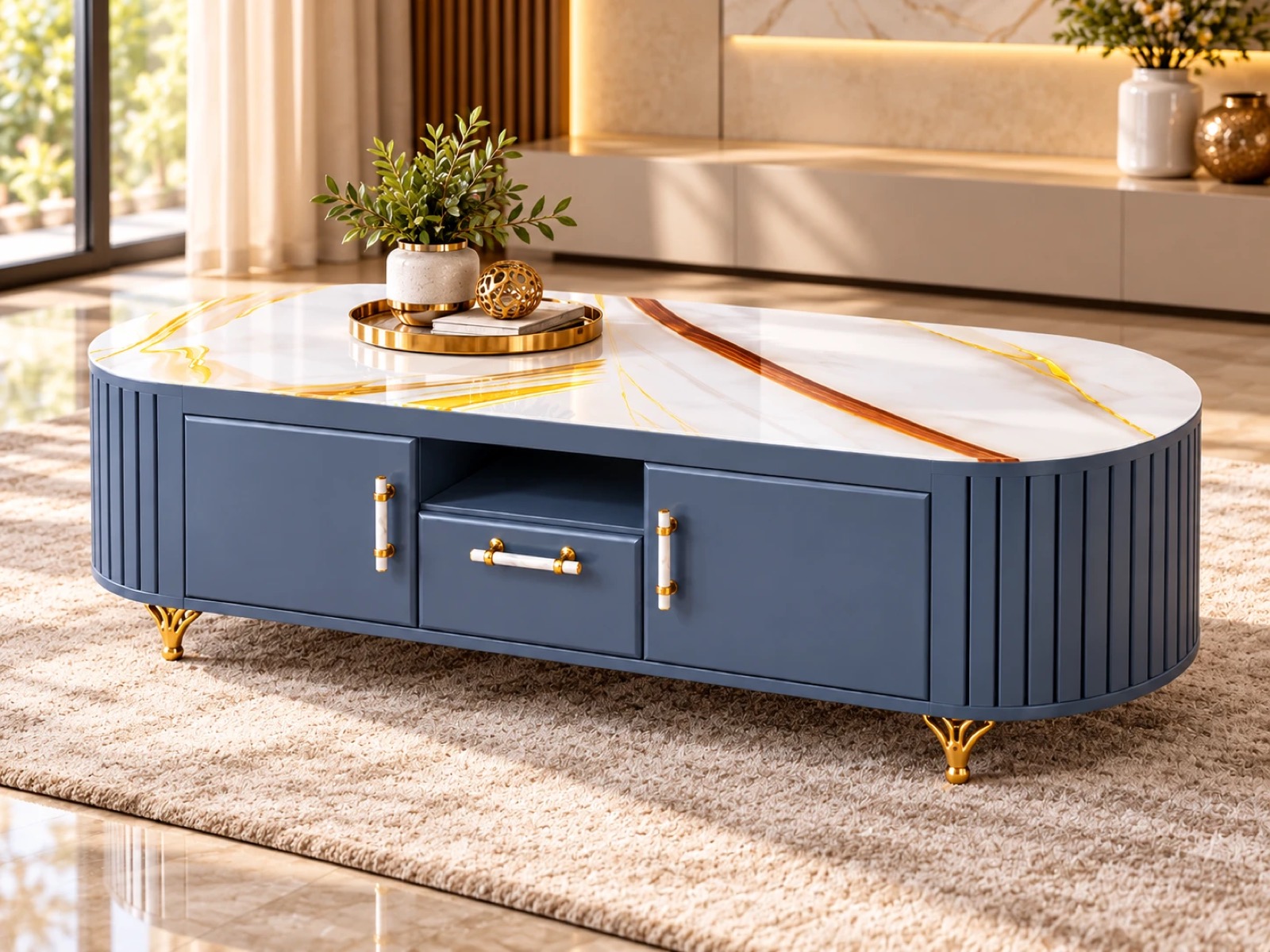 Oval coffee table with marble-effect top, fluted blue base and gold feet