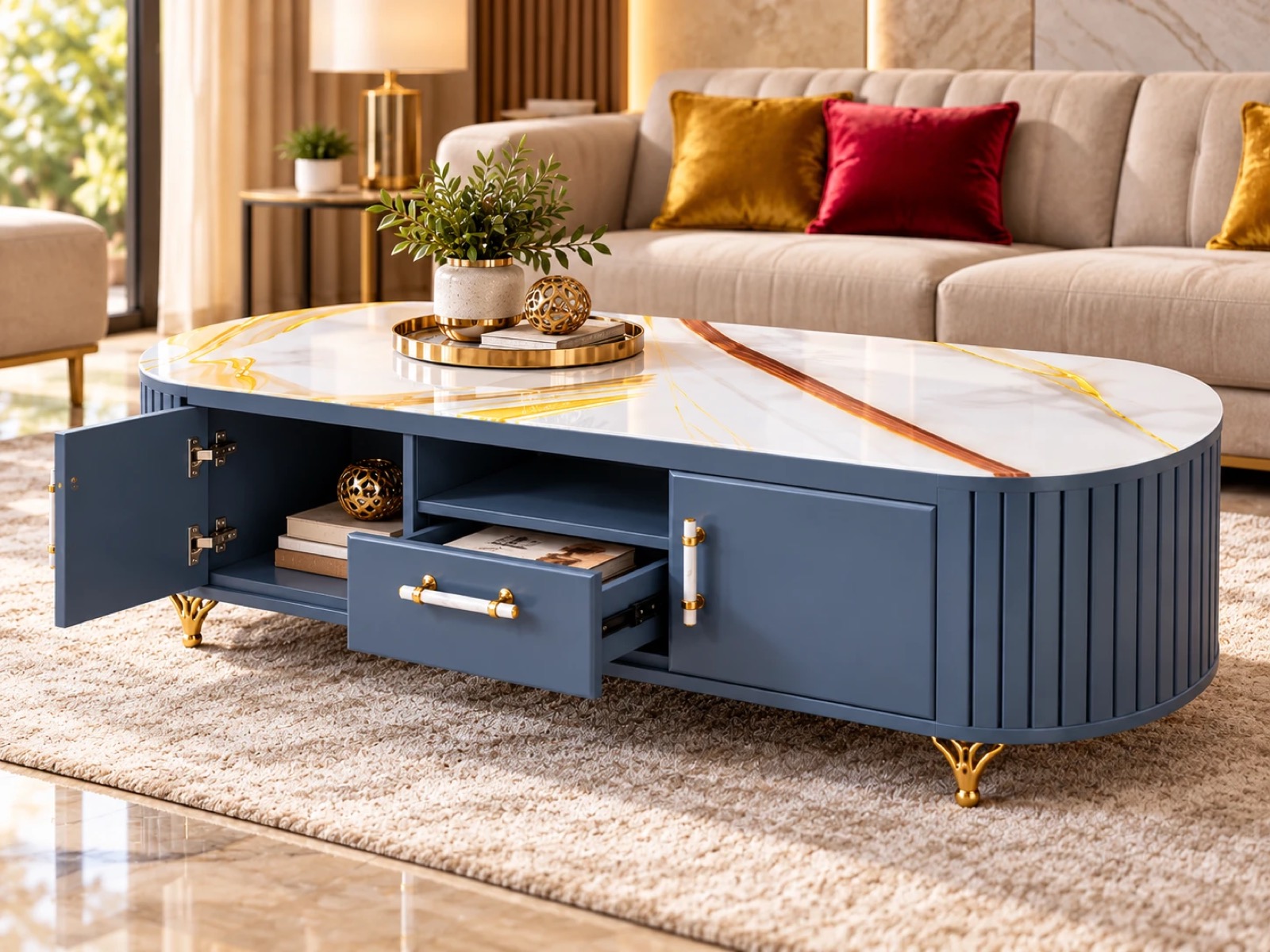 Coffee table with cupboard door open