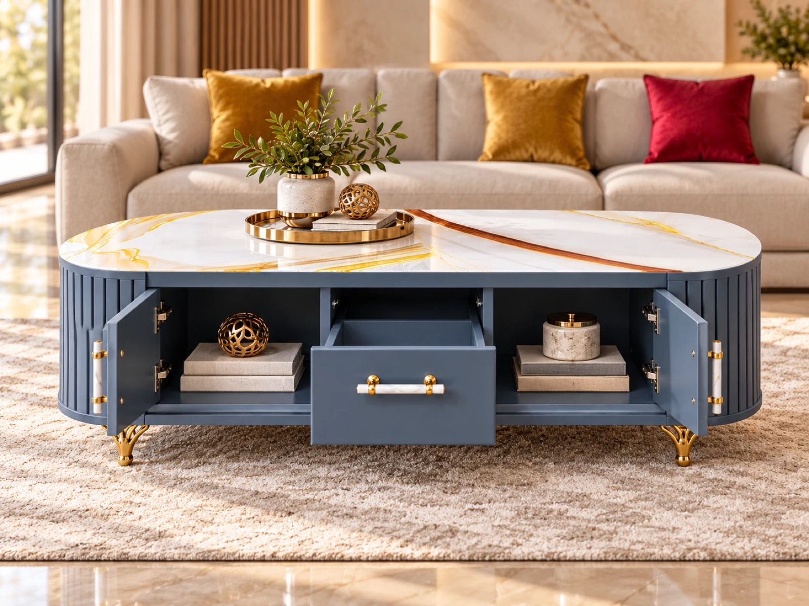 Coffee table with both cupboards and the drawer open showing storage