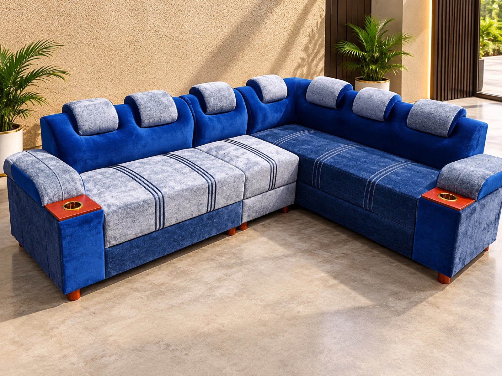 Royal blue L-shaped corner sofa with textured grey seats and cup holders