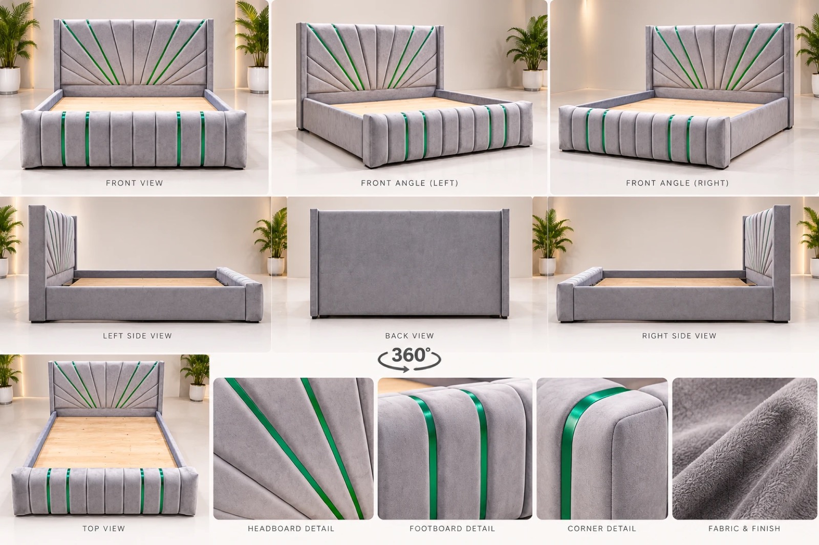 Sunburst bed shown from front, side, back and in close-up details