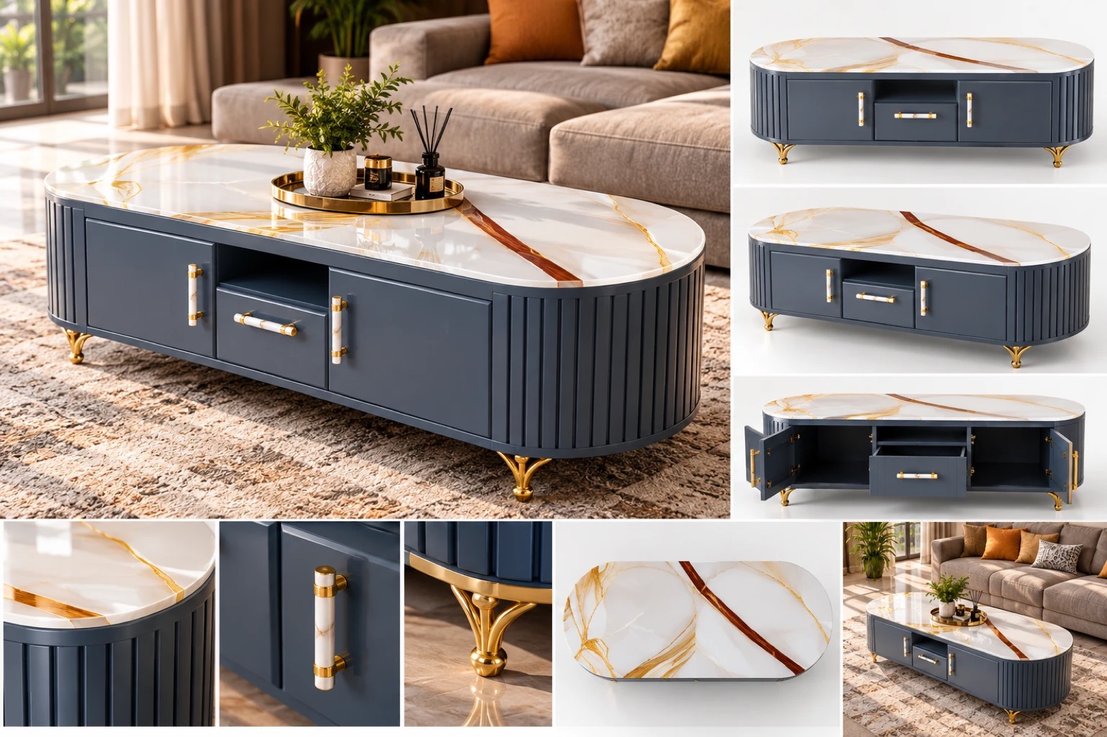 Coffee table marble top, handles and gold feet details