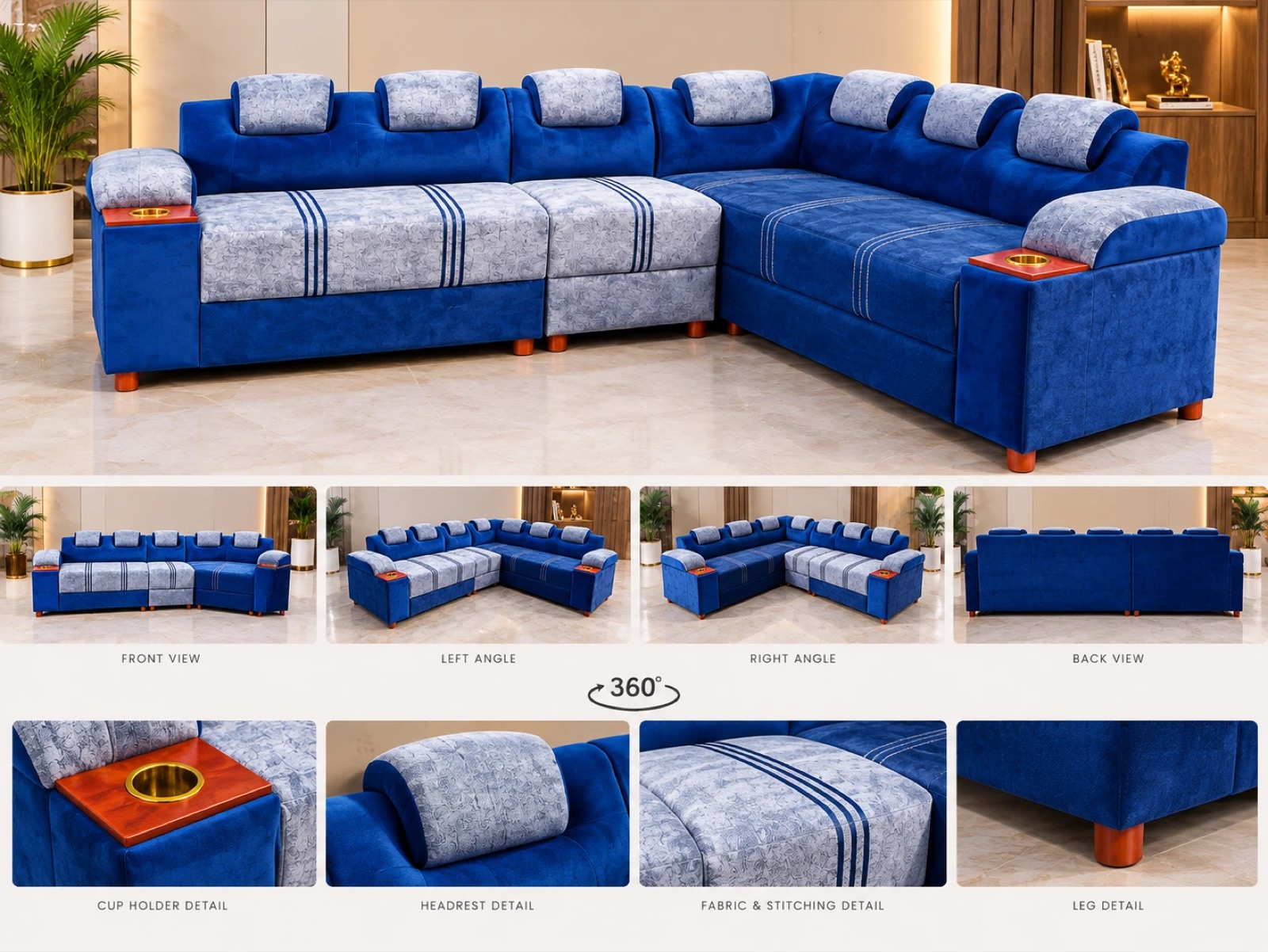 Corner sofa from every angle with details