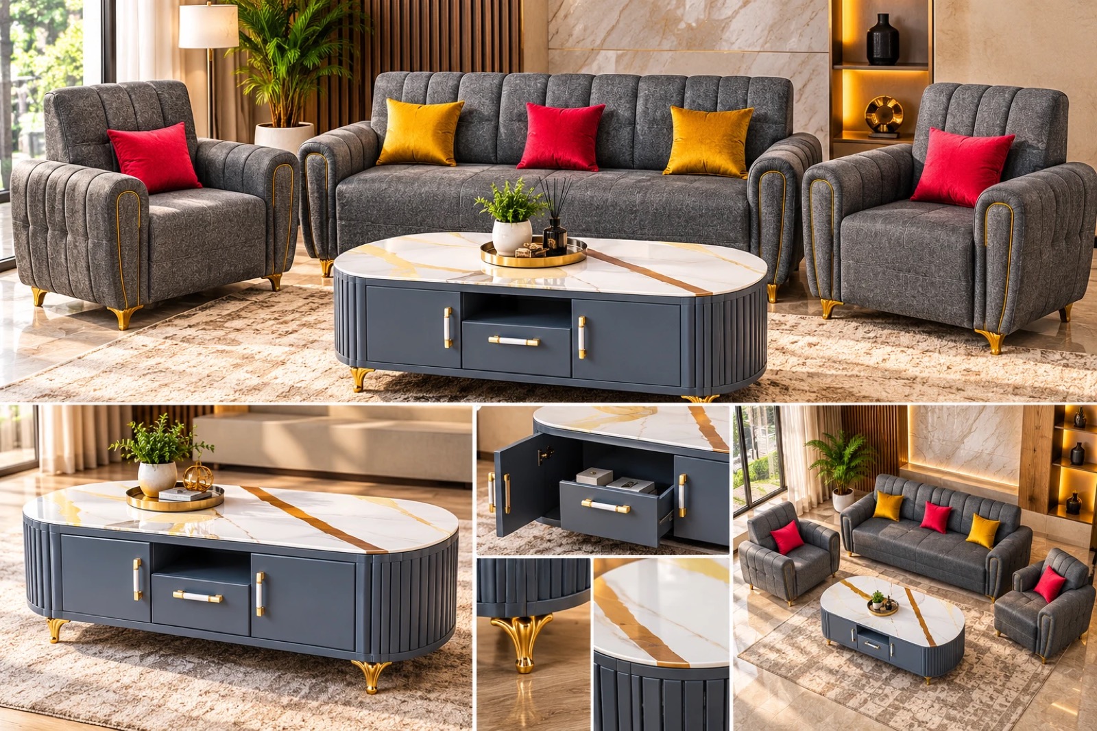 Sofa set, coffee table and storage details