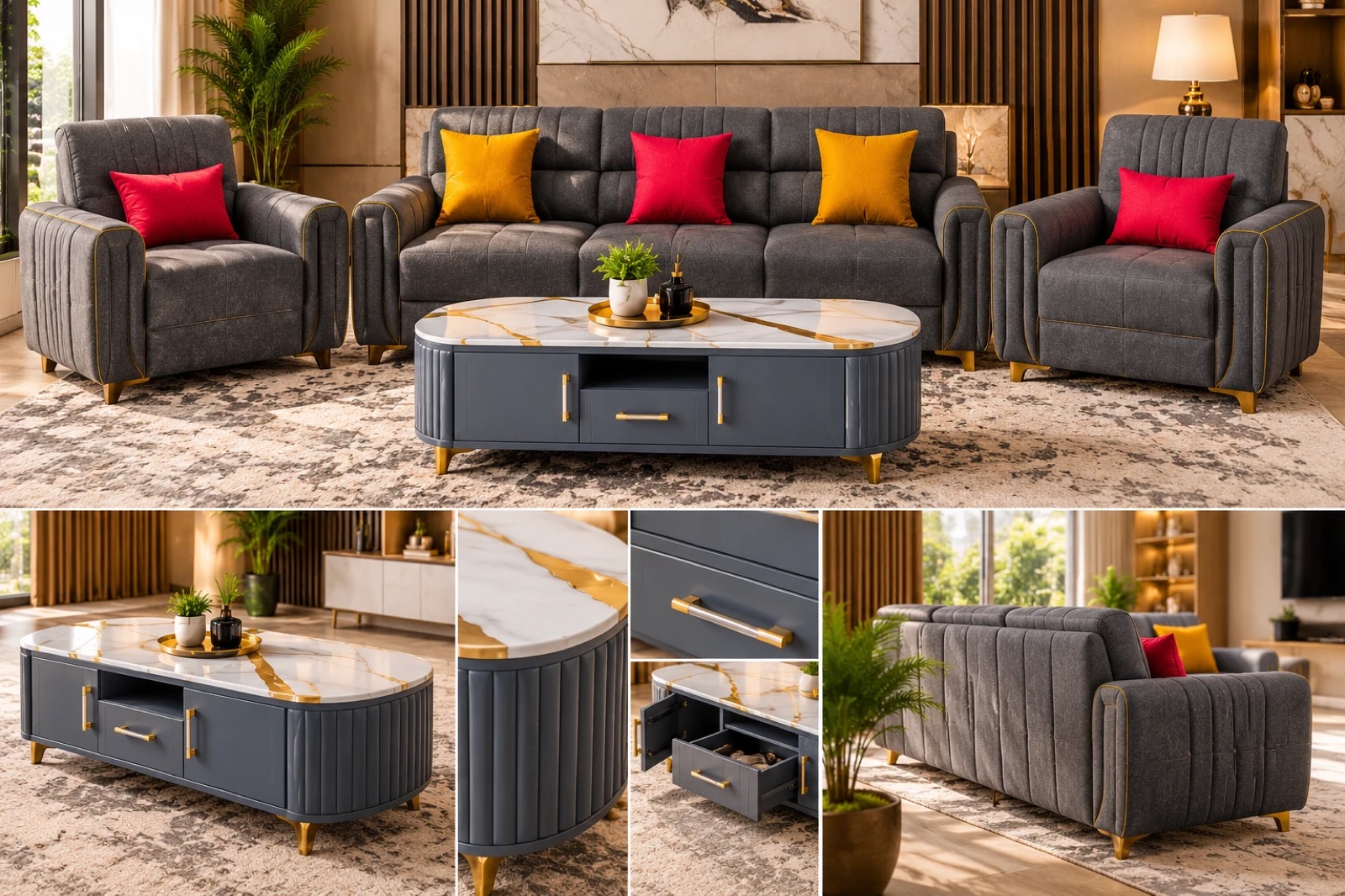 Grey sofa set and coffee table details