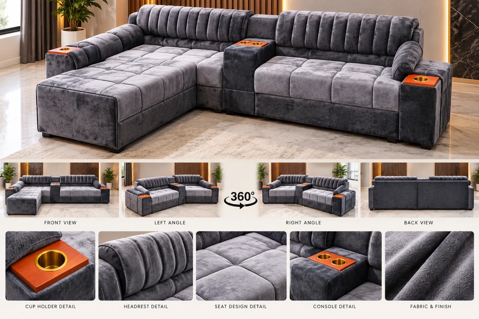 Charcoal grey sectional sofa with chaise and centre console, shown from several angles