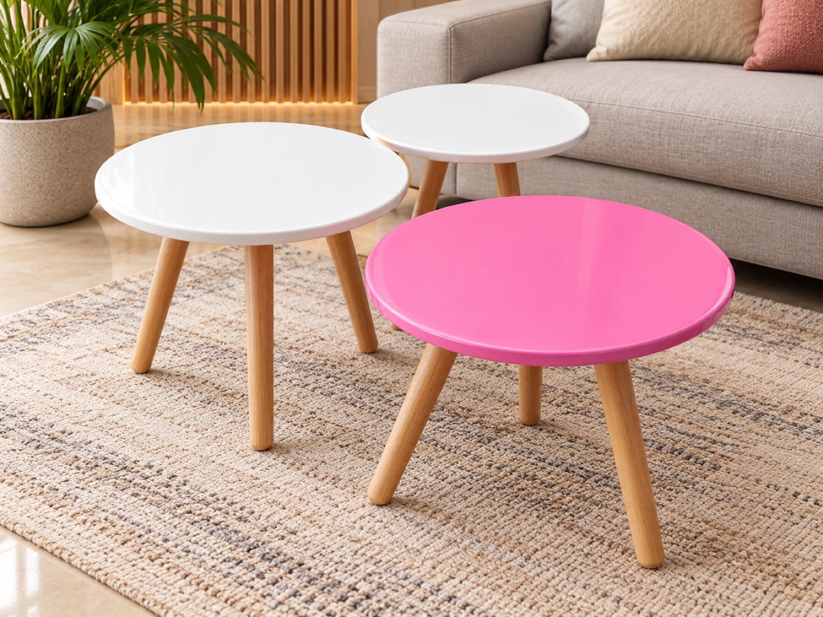 Round white and pink side tables with wooden legs