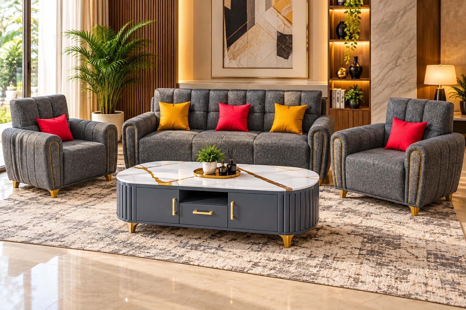 Grey three-seater sofa and two armchairs with gold piping